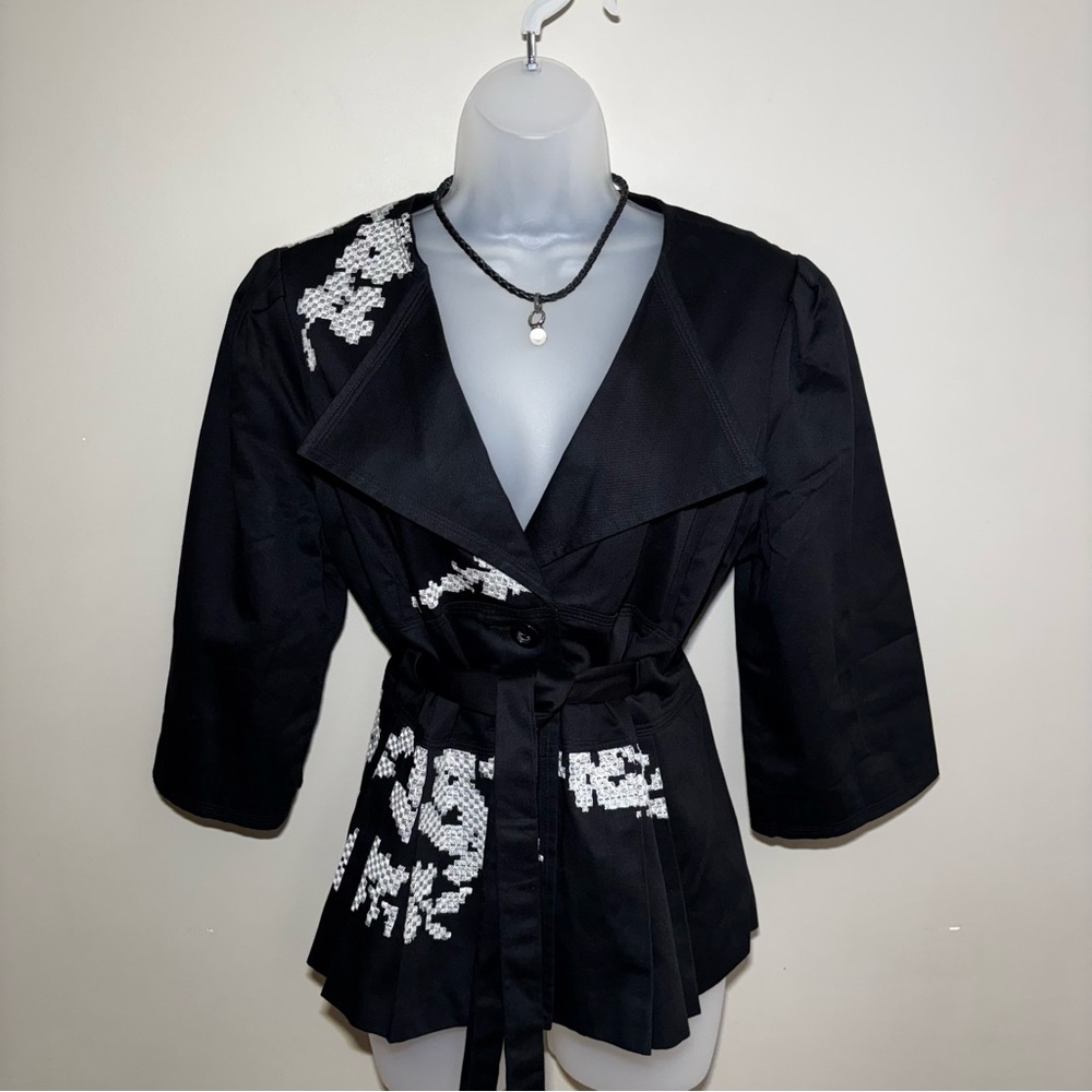 Scott Taylor Black Embroidered Jacket Cotton XL Floral Belted Pleated Hem Artsy